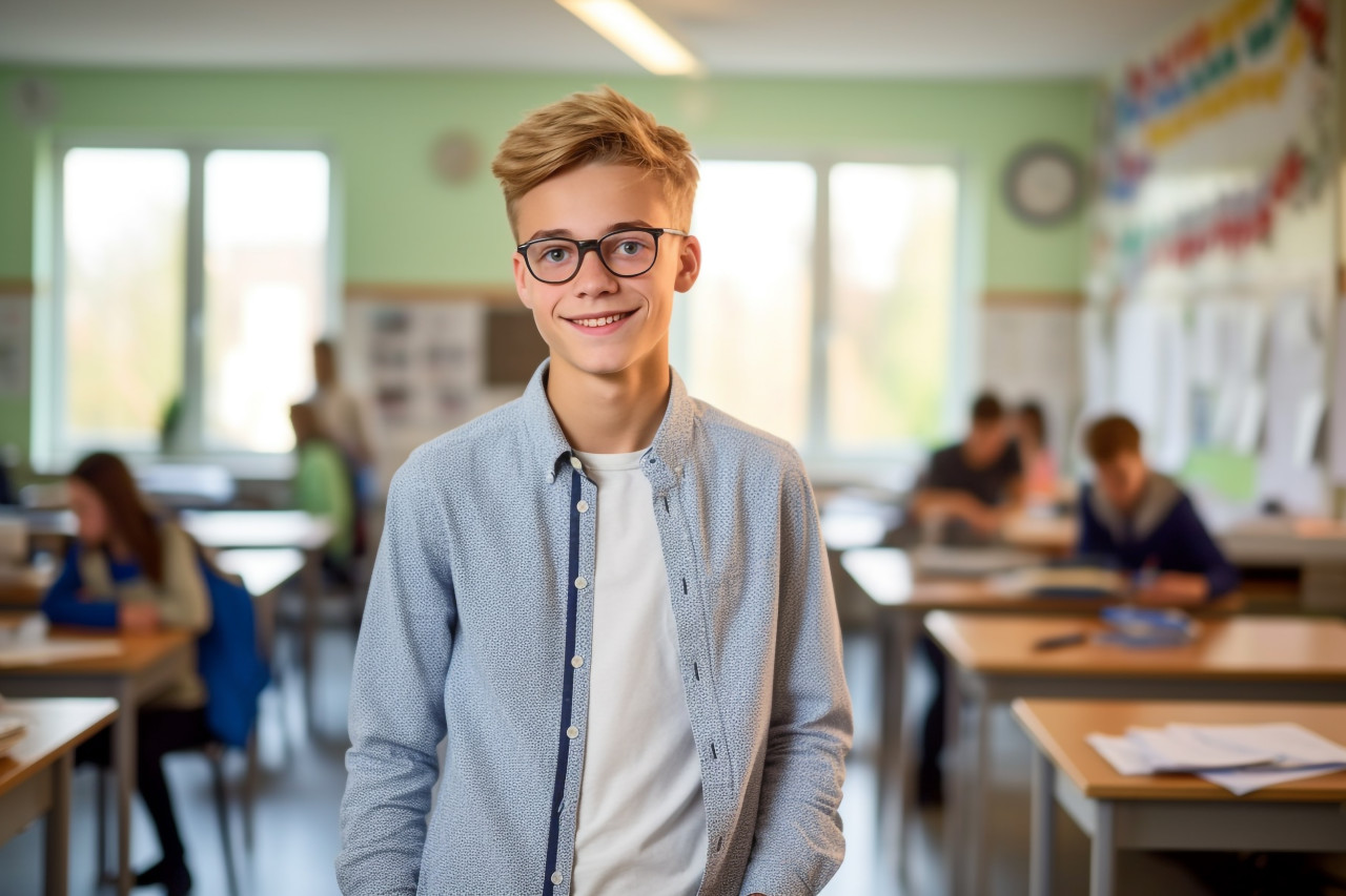 Confident middle school boy working on blurred background