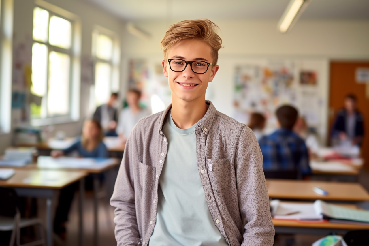 Confident middle school boy working on blurred background