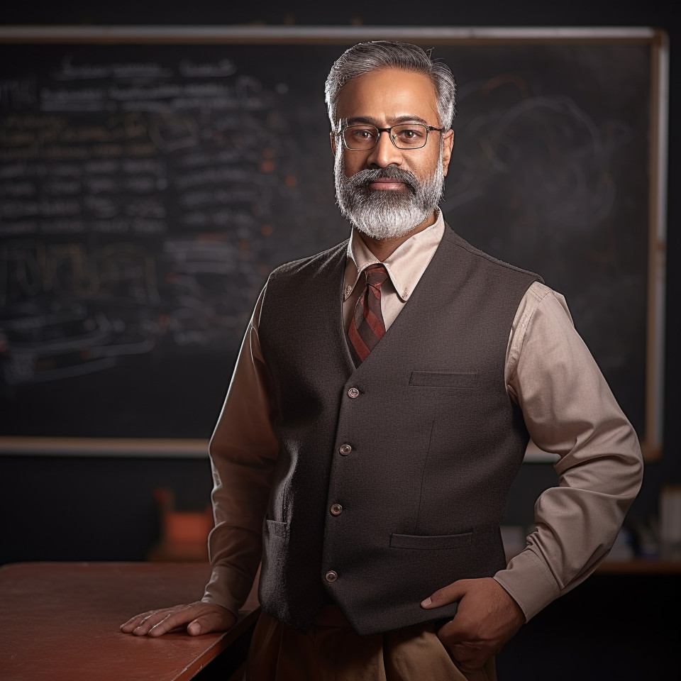 Indian professor working confidently in blurred background