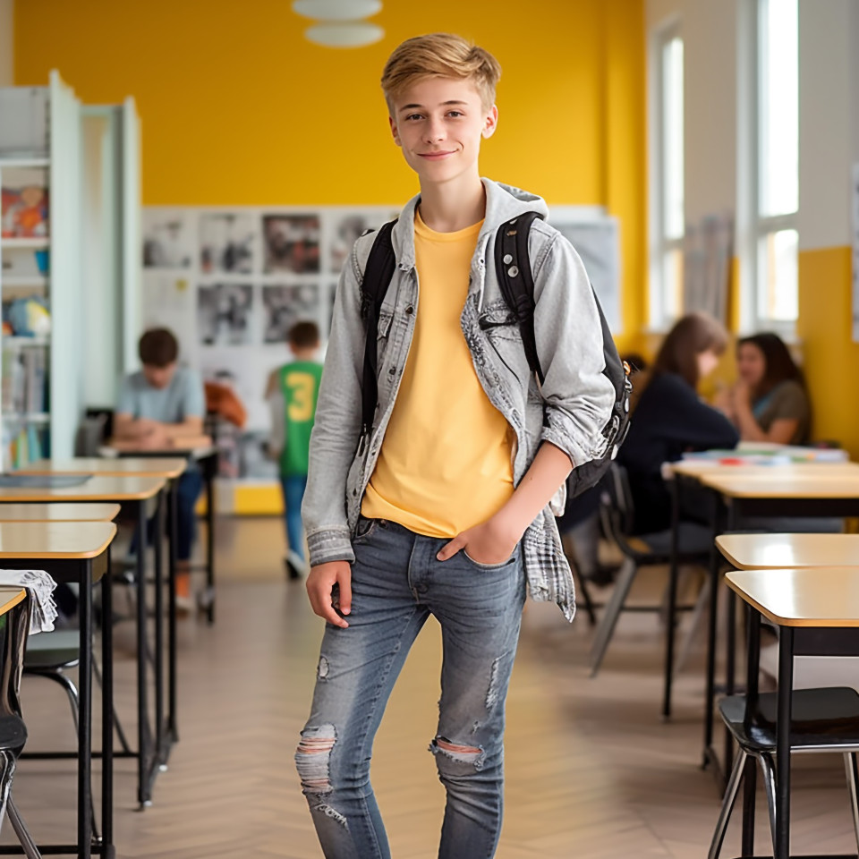 Focused middle school boy studying blurred background
