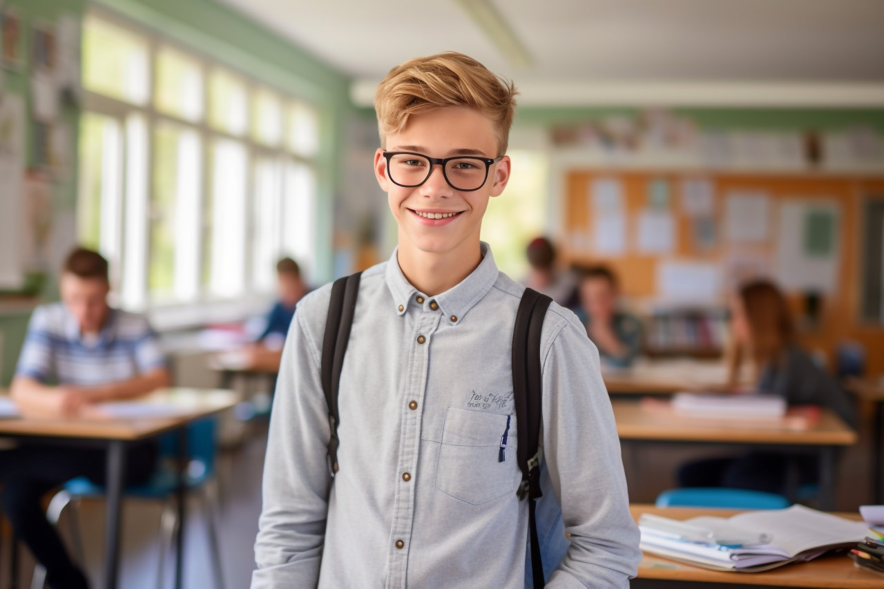 Confident middle school boy working on blurred background