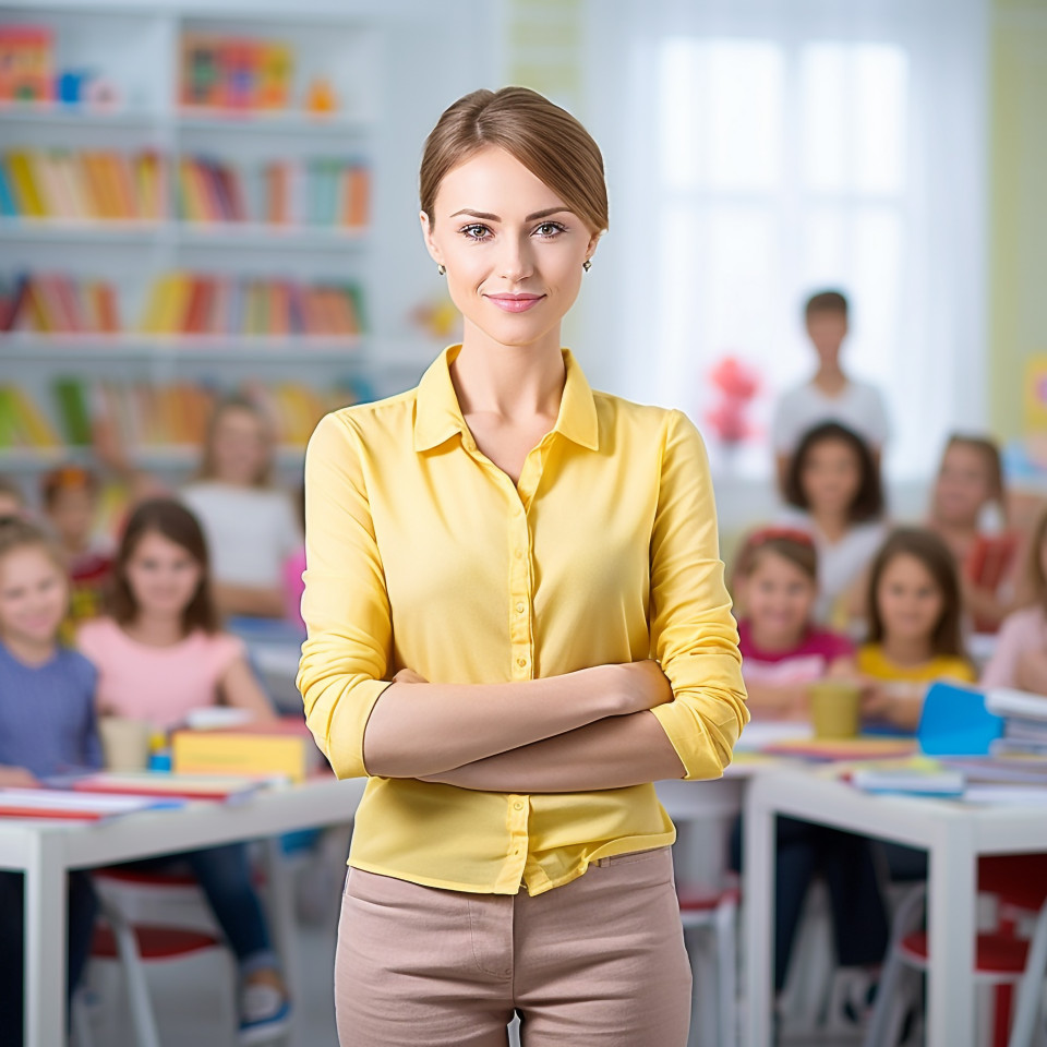 Female preschool teacher at work blurred background