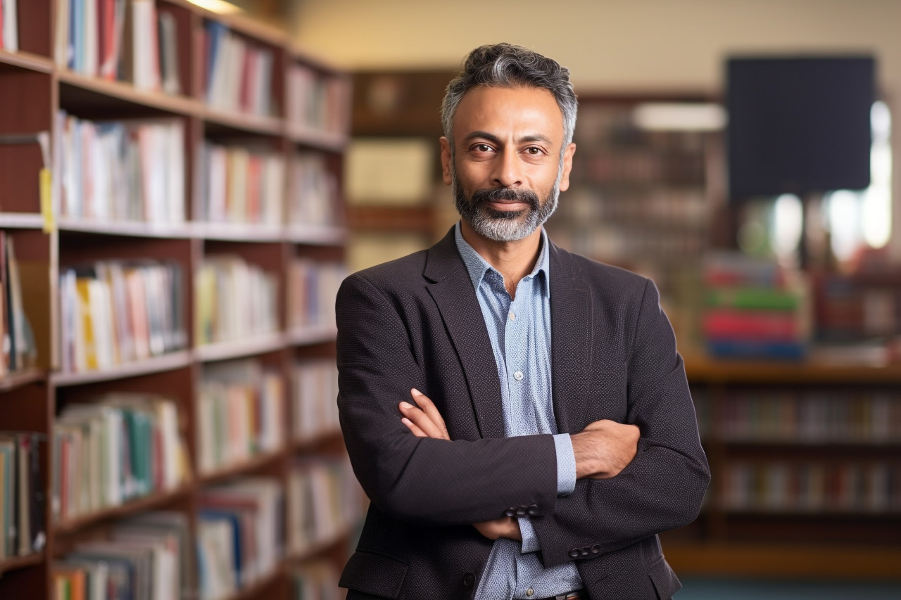 Indian male professor working on blurred background