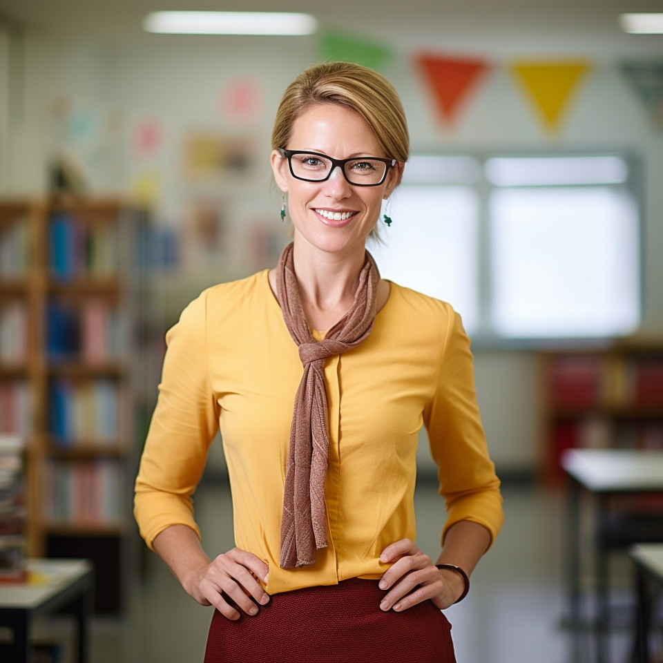 Female teacher at work blurred background
