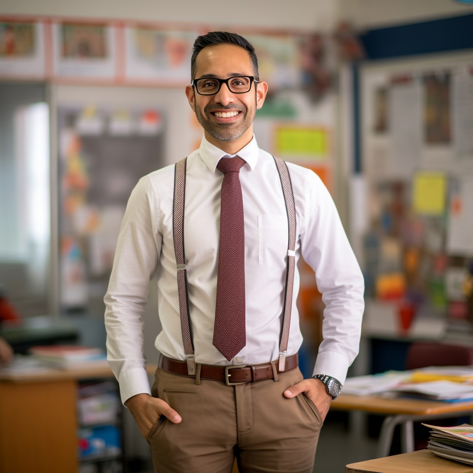 Male elementary school teacher teaching on blurred background