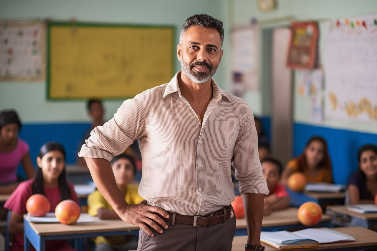 Indian male pe teacher works with students on blurred background