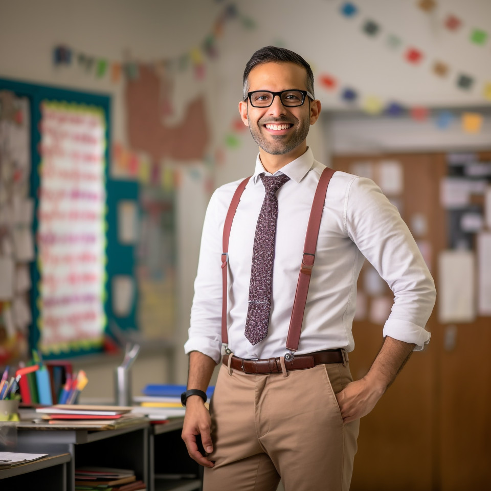 Male elementary school teacher teaching on blurred background