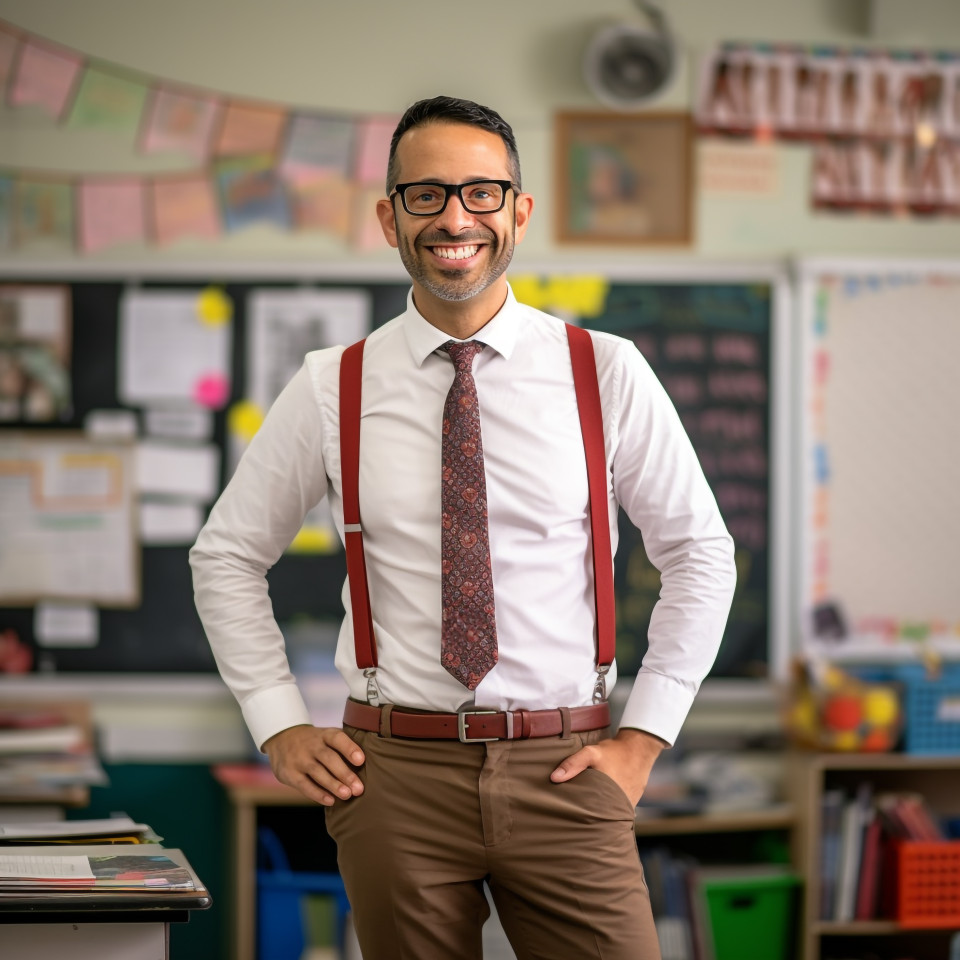 Male elementary school teacher teaching on blurred background