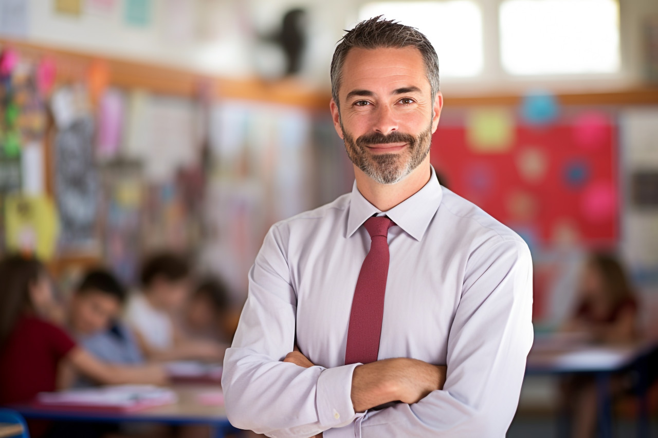 Confident male elementary teacher teaching on blurred background