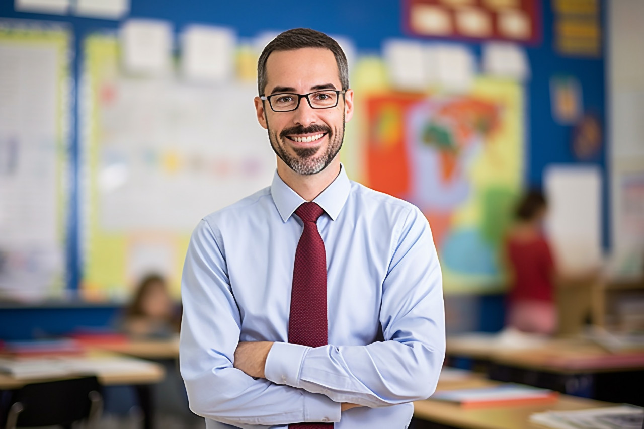 Confident male elementary teacher teaching on blurred background
