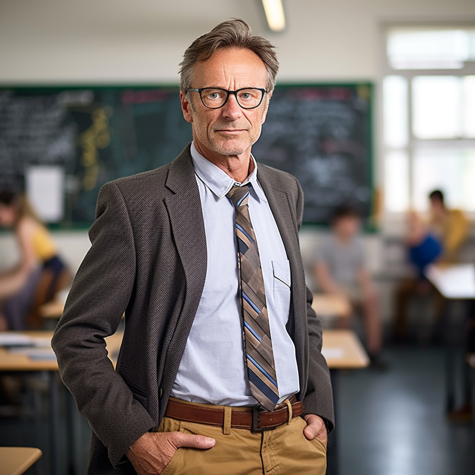 Focused professor working on blurred background
