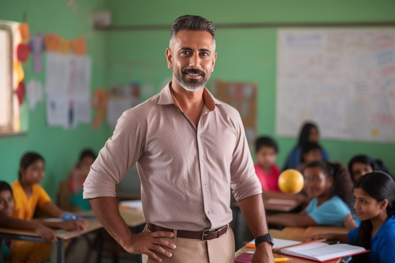 Indian male pe teacher works with students on blurred background