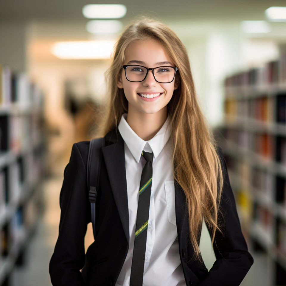 Confident female student working on blurred background