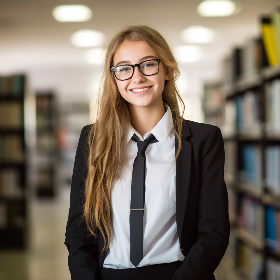 Confident female student working on blurred background