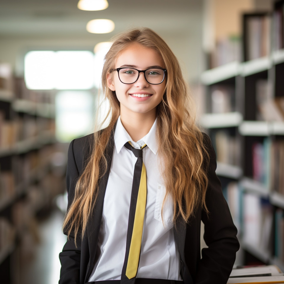 Confident female student working on blurred background