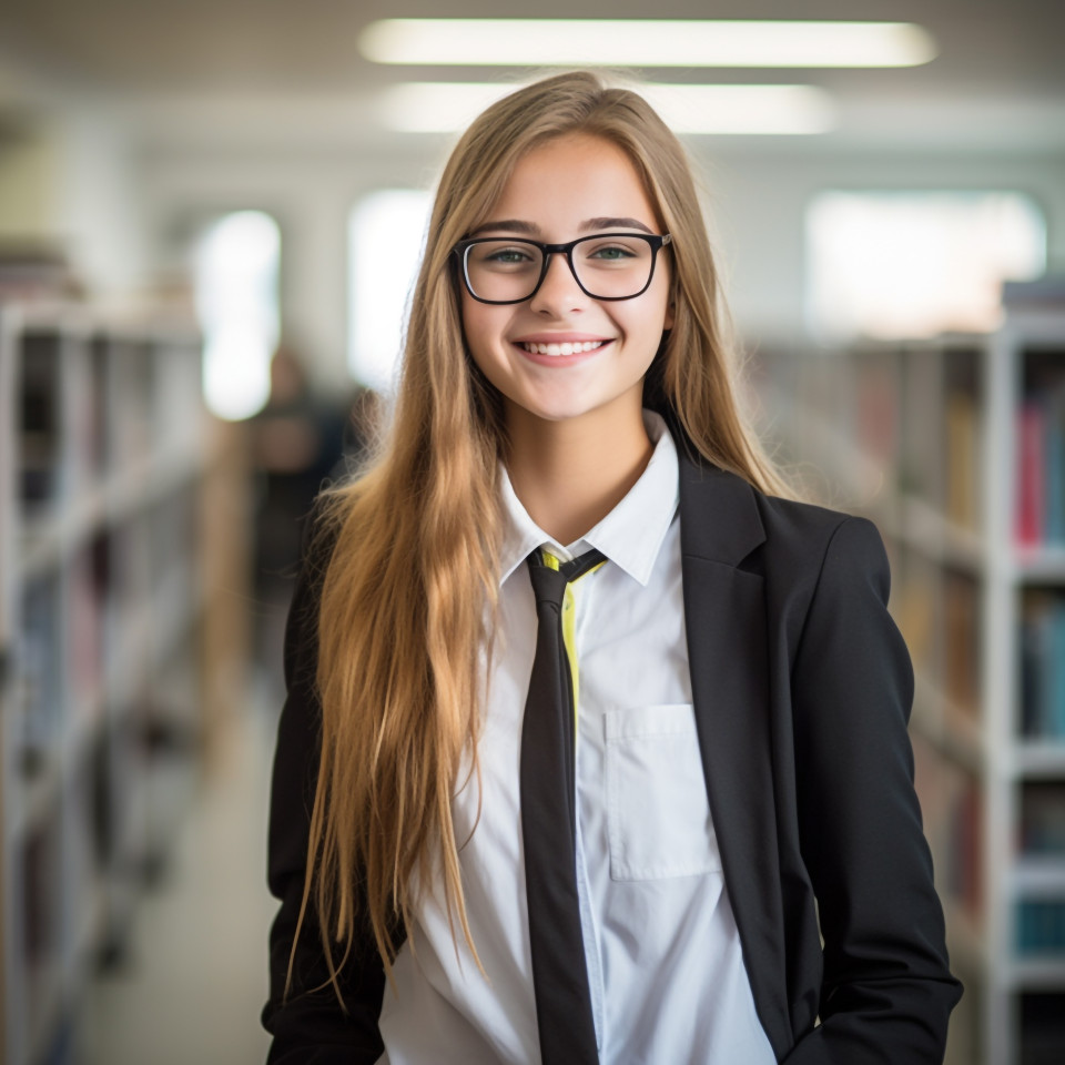Confident female student working on blurred background