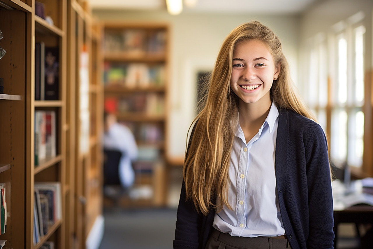 Smart high school girl studying with blurred background