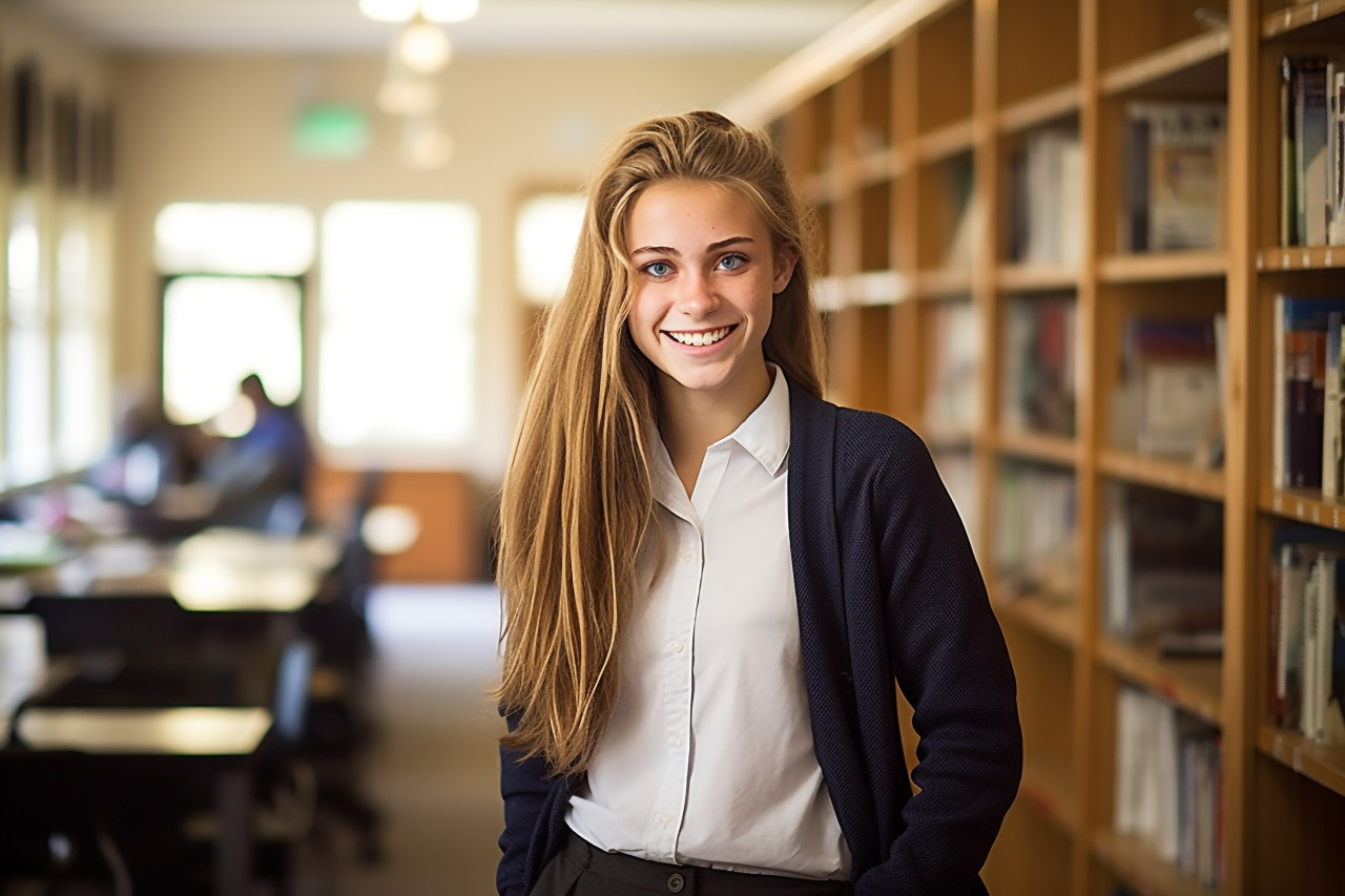 Smart high school girl studying with blurred background