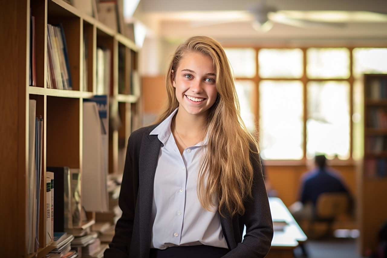 Smart high school girl studying with blurred background