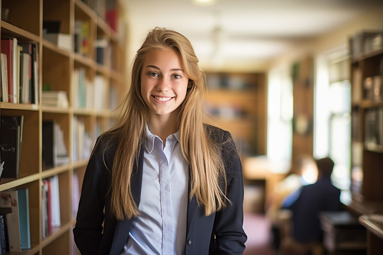 Smart high school girl studying with blurred background