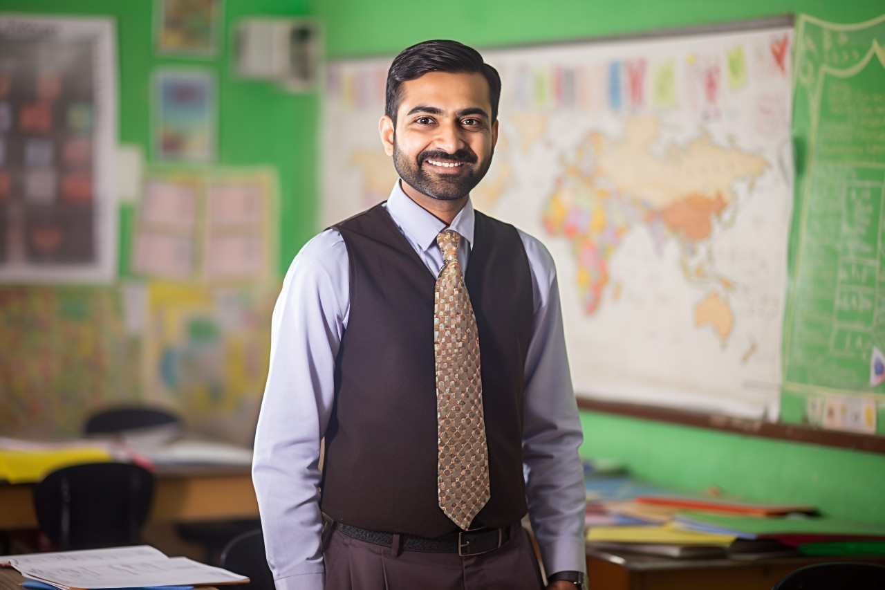 Indian elementary school teacher working confident male with blurred background