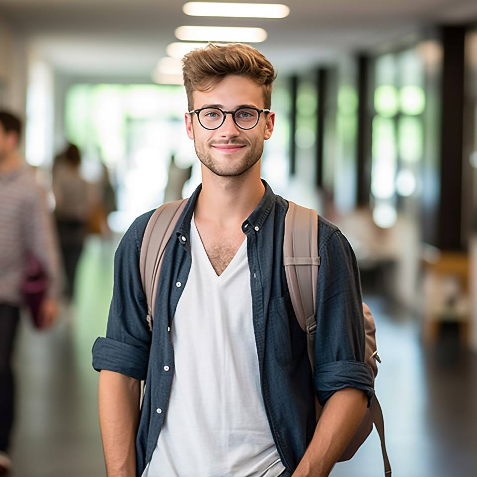 Focused male university student studying blurred background