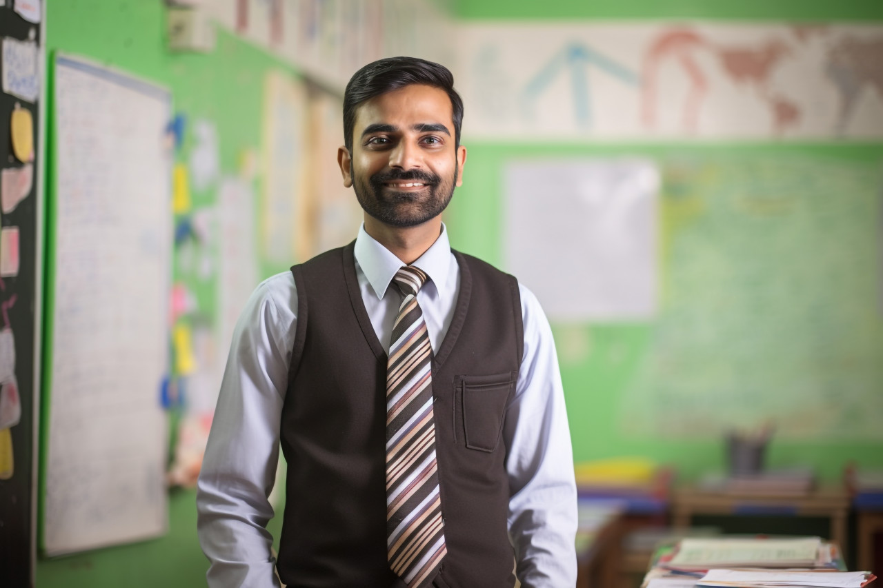 Indian elementary school teacher working confident male with blurred background