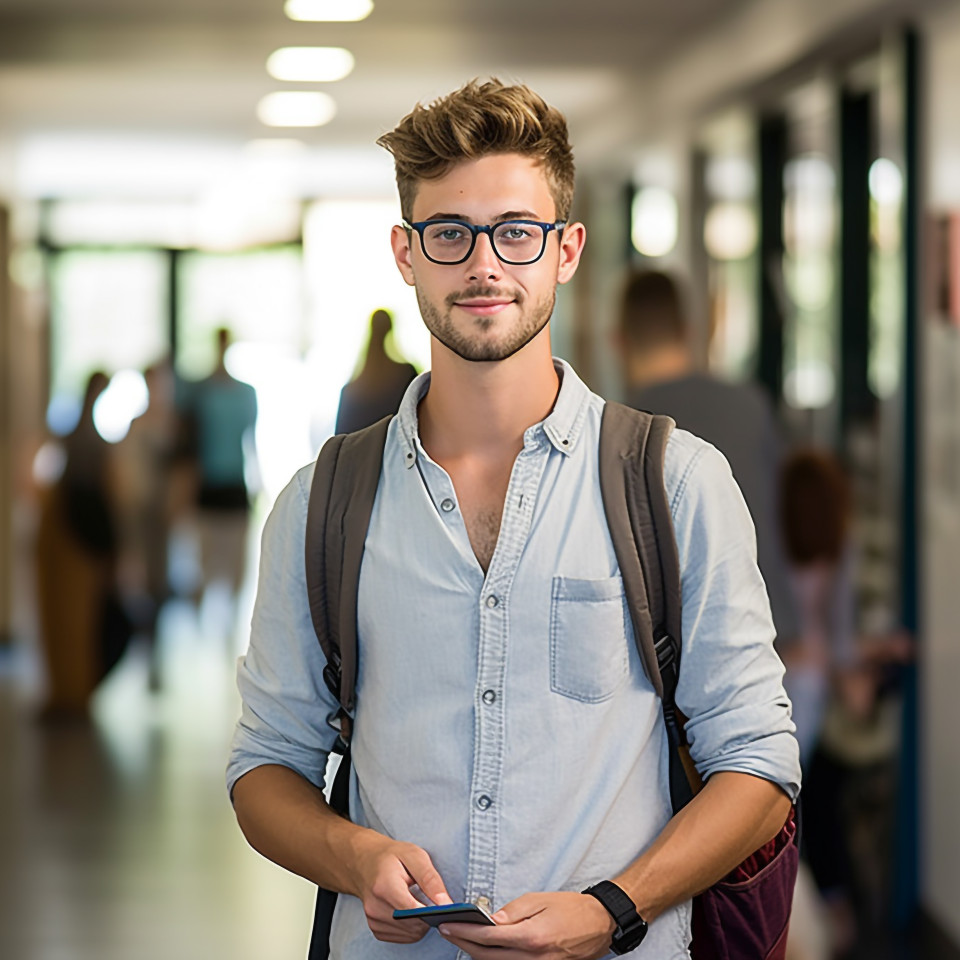 Focused male university student studying blurred background