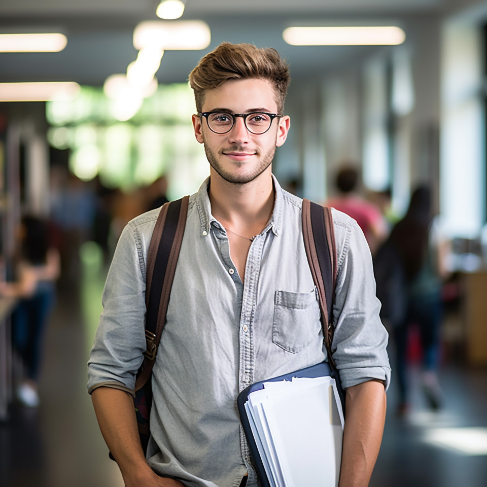 Focused male university student studying blurred background