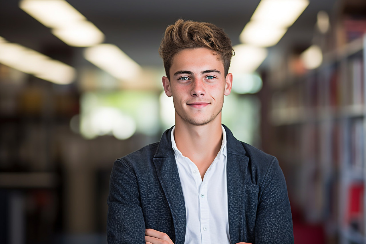 College student working hard with a blurred background