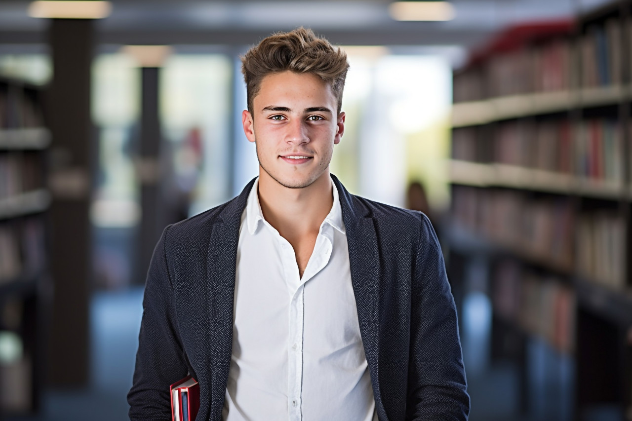 College student working hard with a blurred background