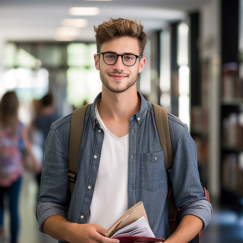 Focused male university student studying blurred background