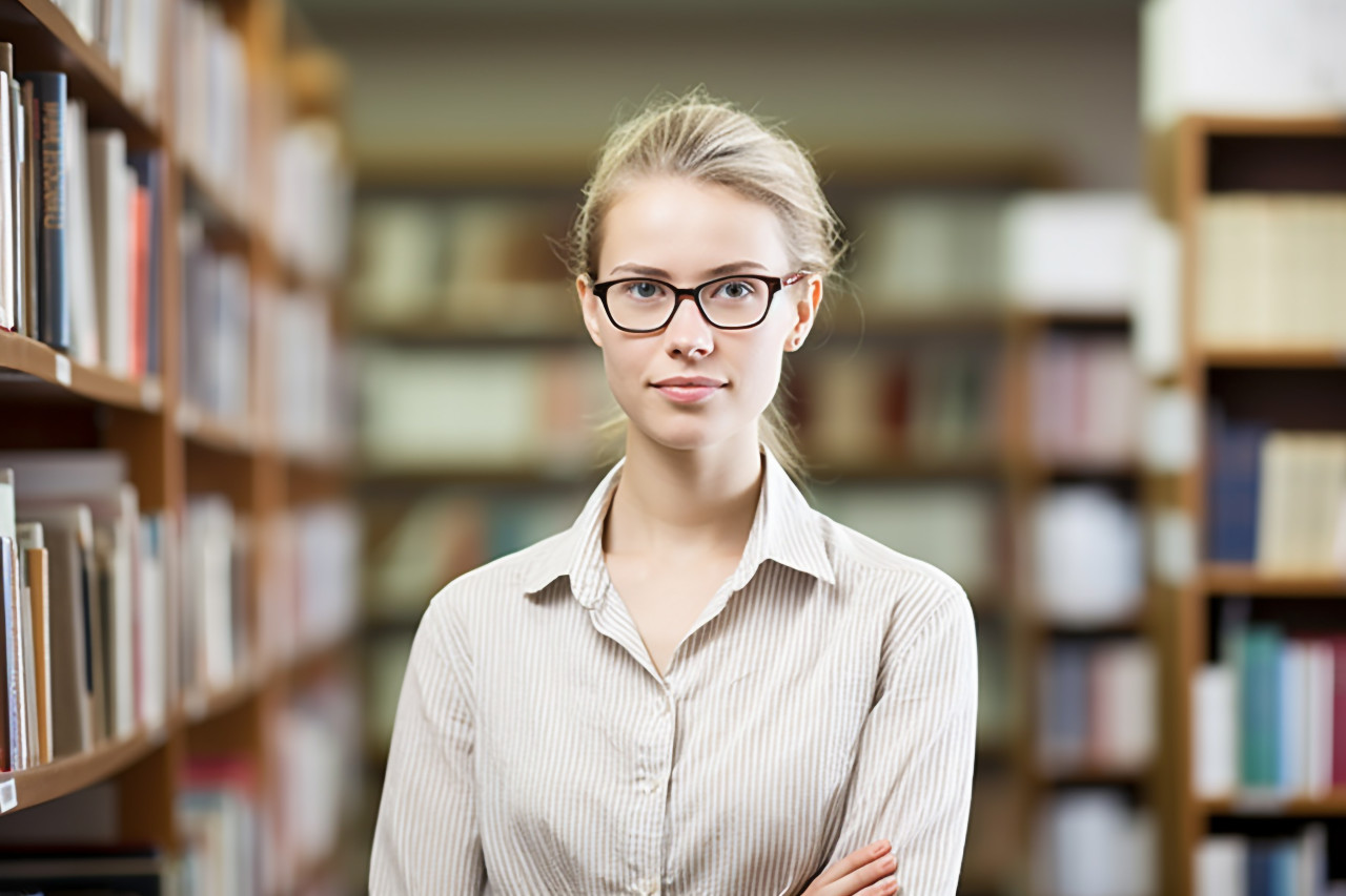 Female librarian working on a blurred background