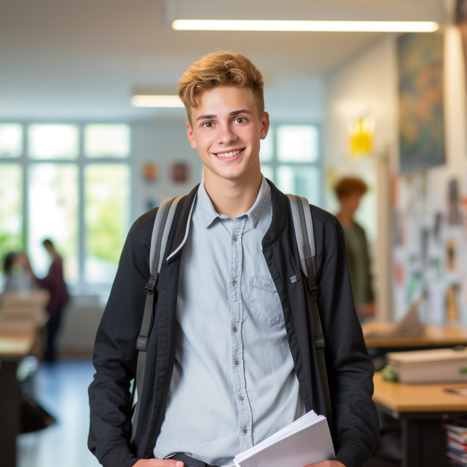 Confident male high school student working in blurred background