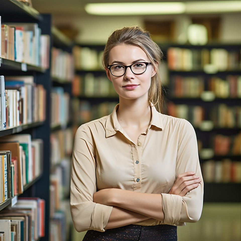 Librarian working on blurred background