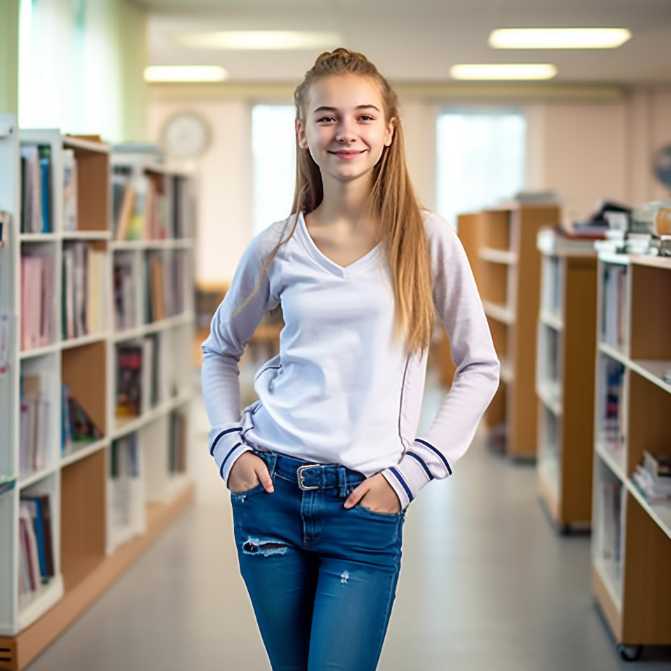 Confident middle school girl working on blurred background