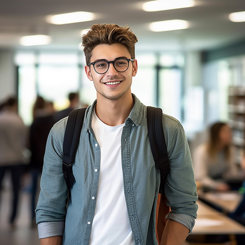Male college student studying on blurred background
