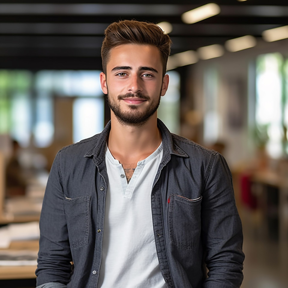 International student working confidently with blurred background