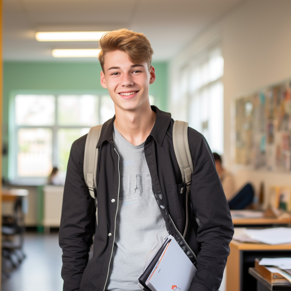 Confident male high school student working in blurred background