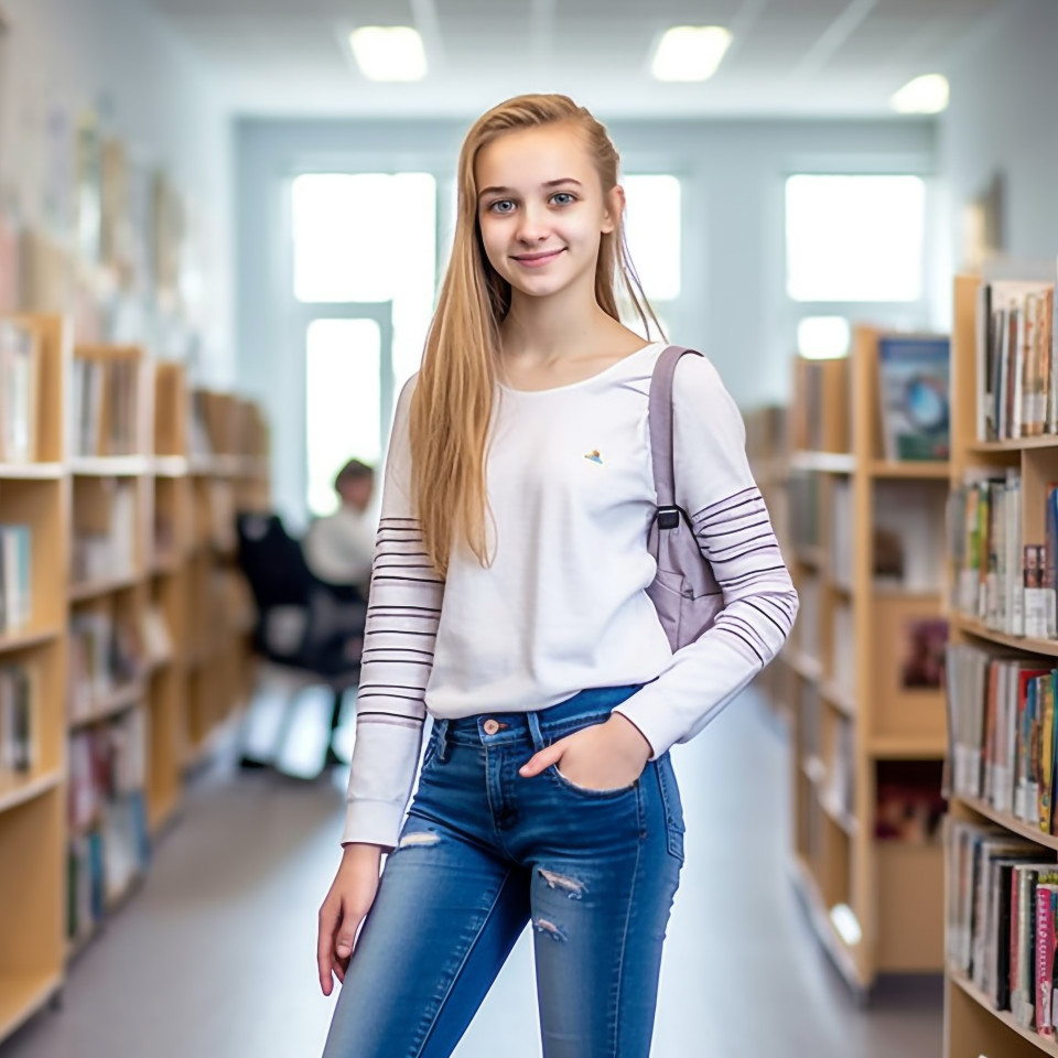 Confident middle school girl working on blurred background