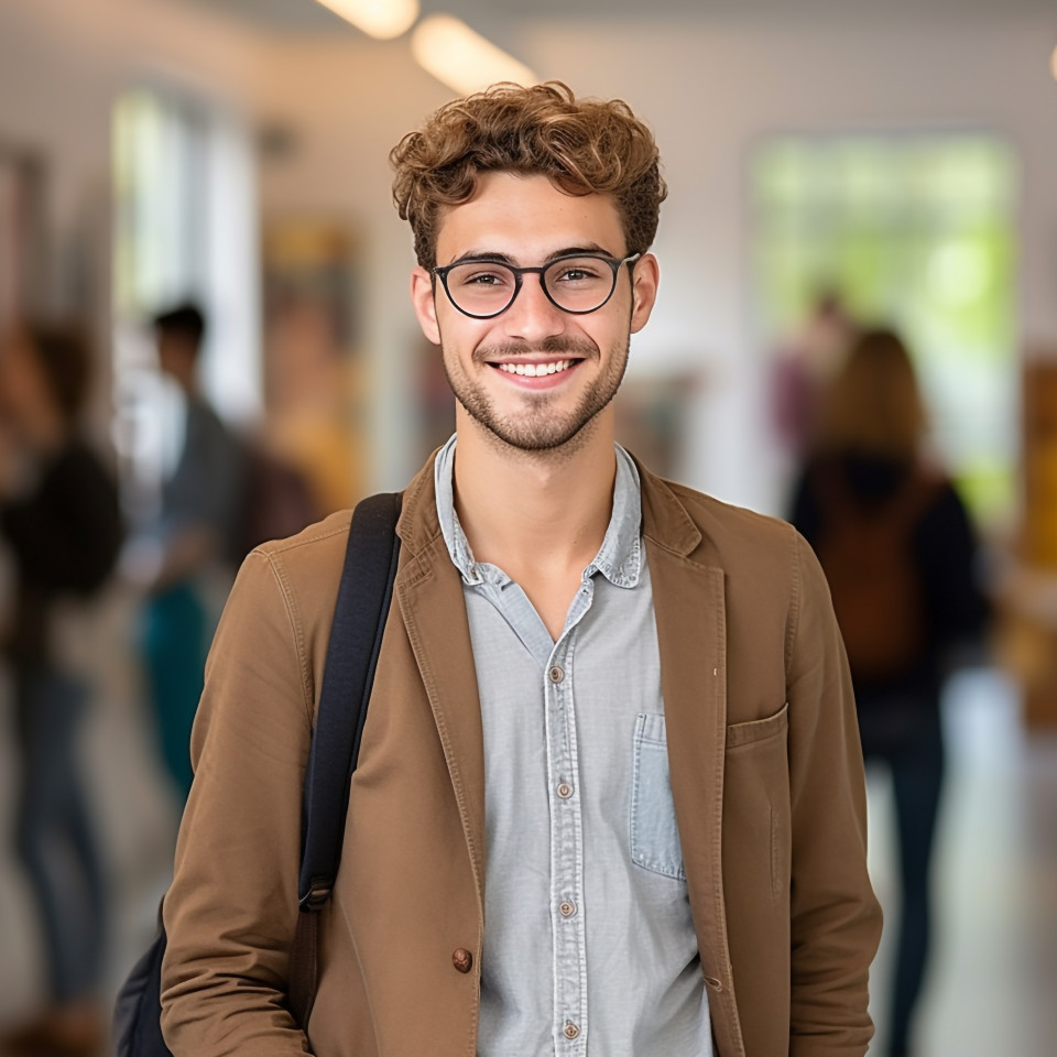 Confident international student working on blurred background