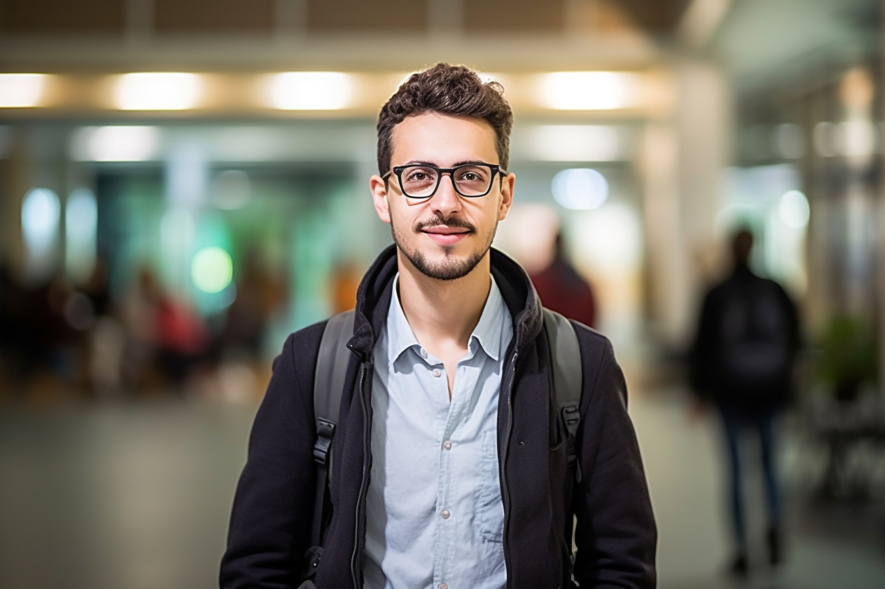 Confident international student working on blurred background