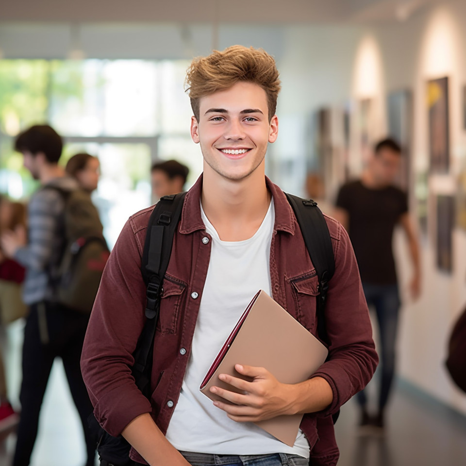 Male college student studying on blurred background