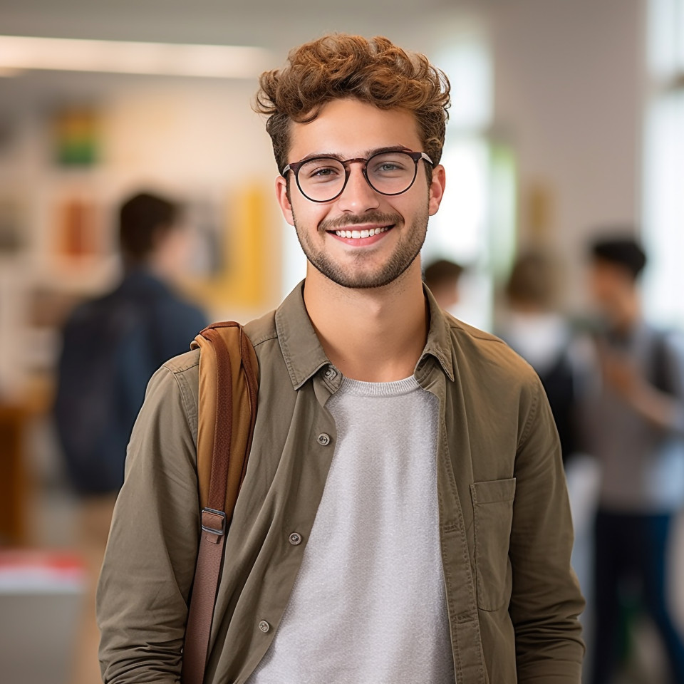 Confident international student working on blurred background