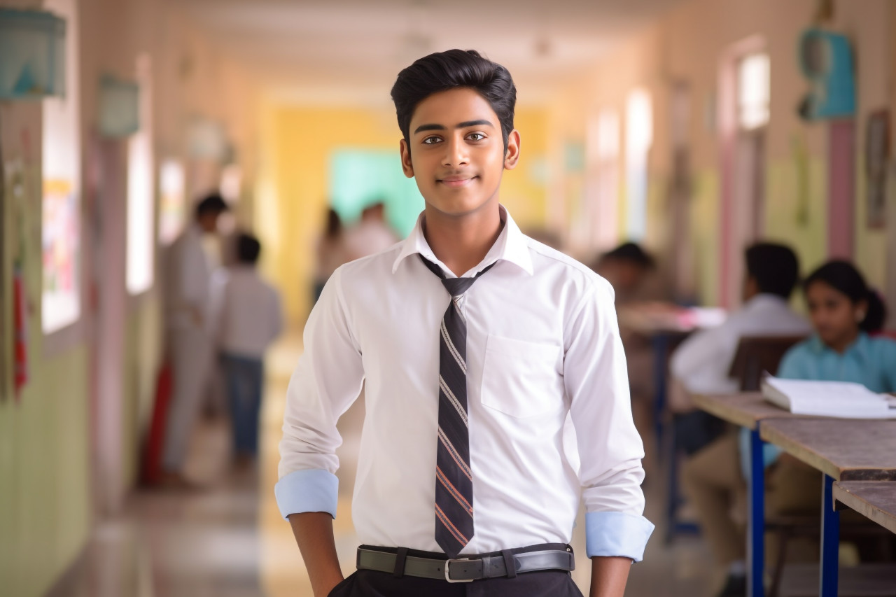 Indian high school boy studying confidently on blurred background