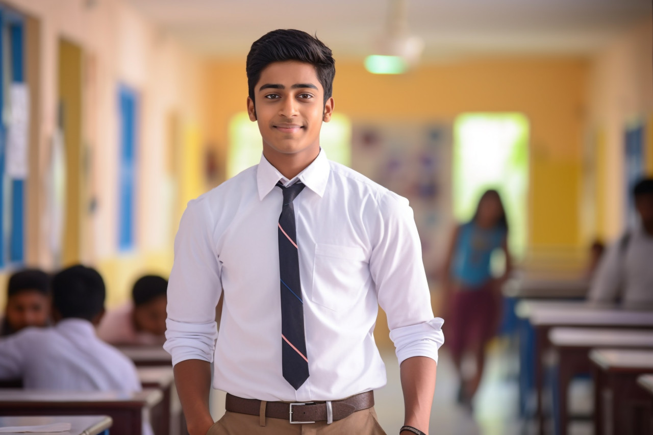 Indian high school boy studying confidently on blurred background