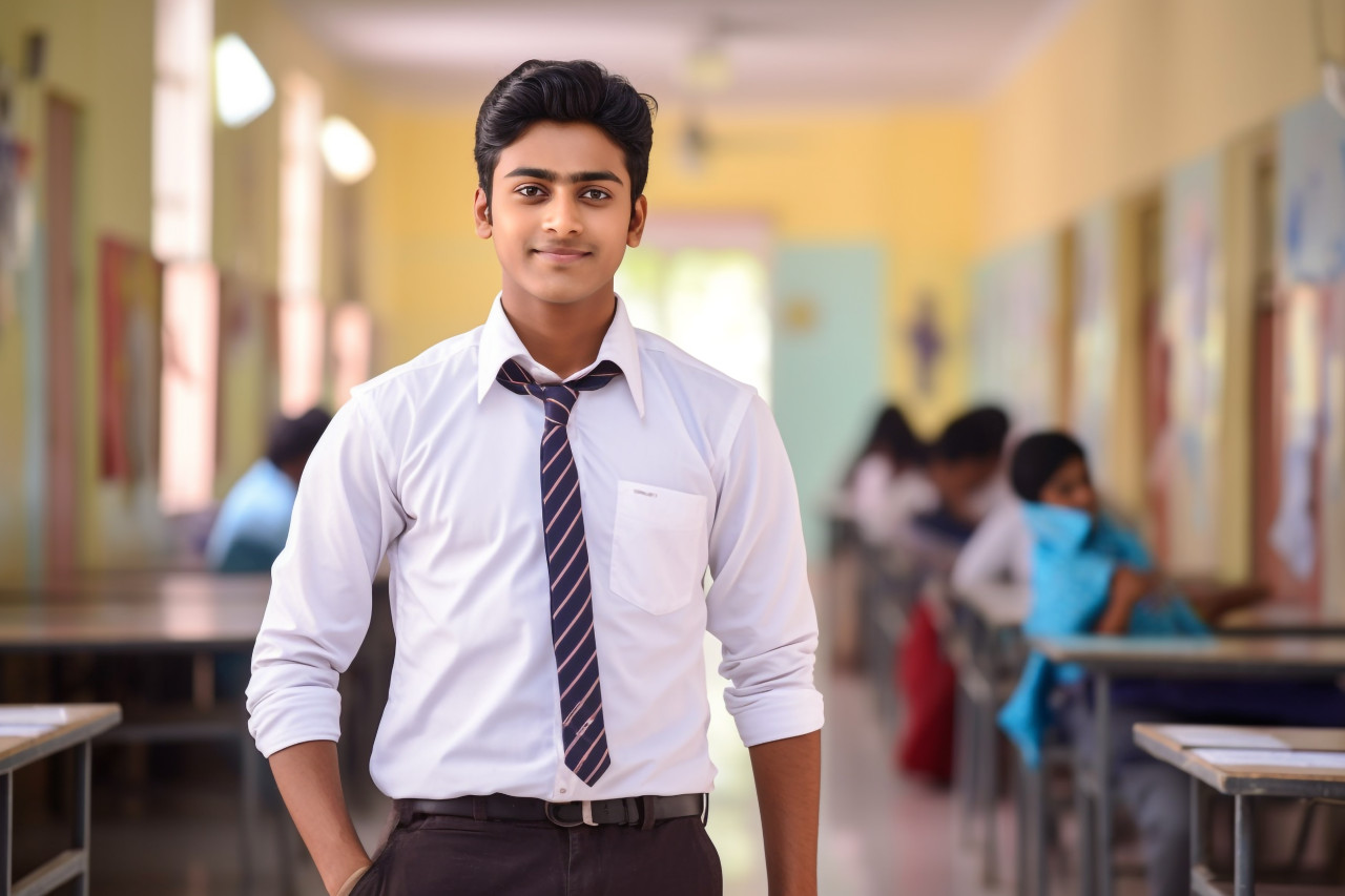 Indian high school boy studying confidently on blurred background