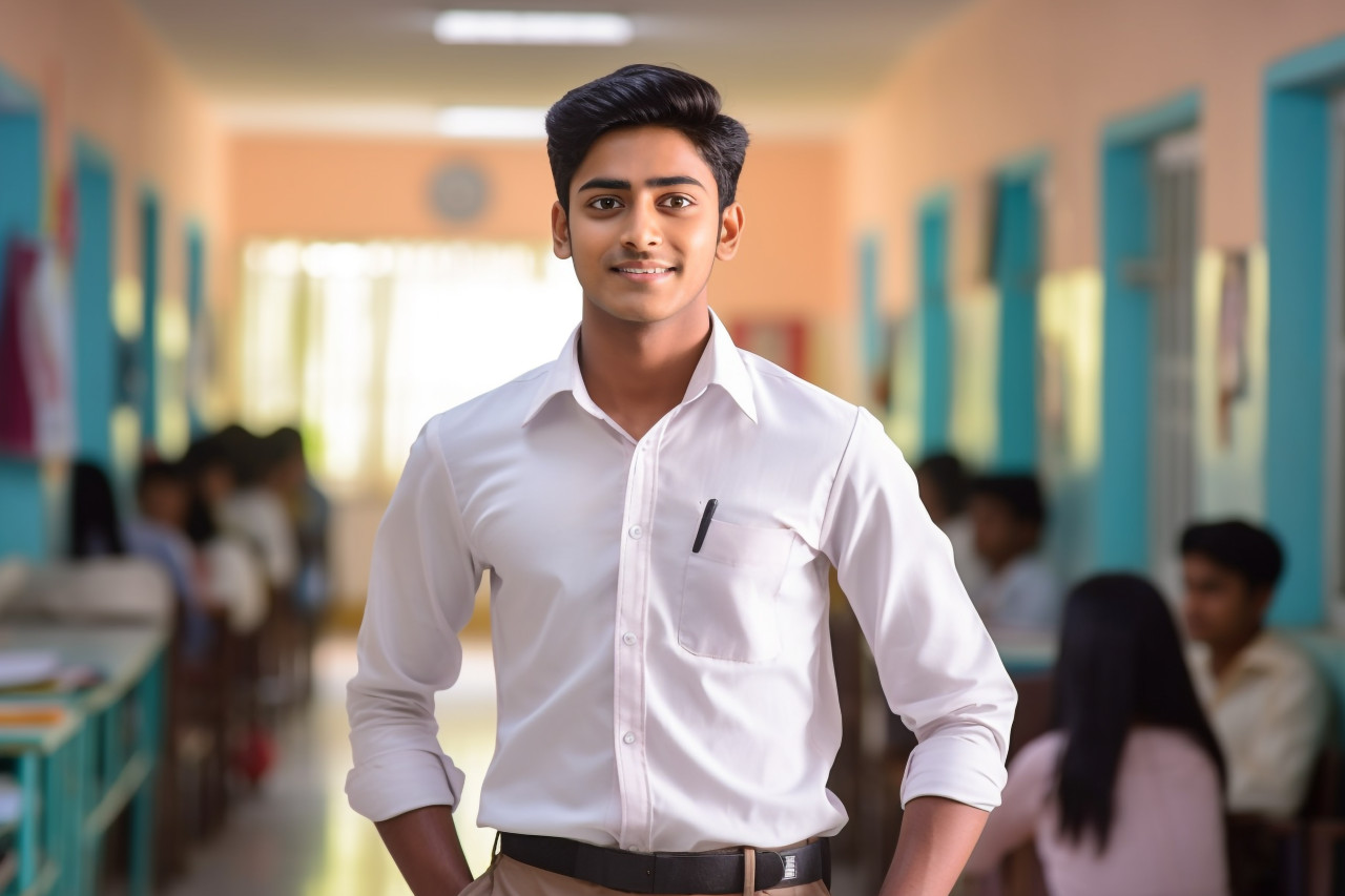 Indian high school boy studying confidently on blurred background