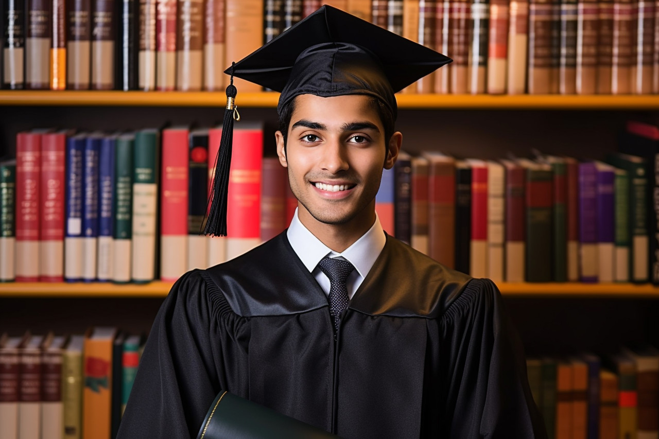 Confident indian male student working on blurred background