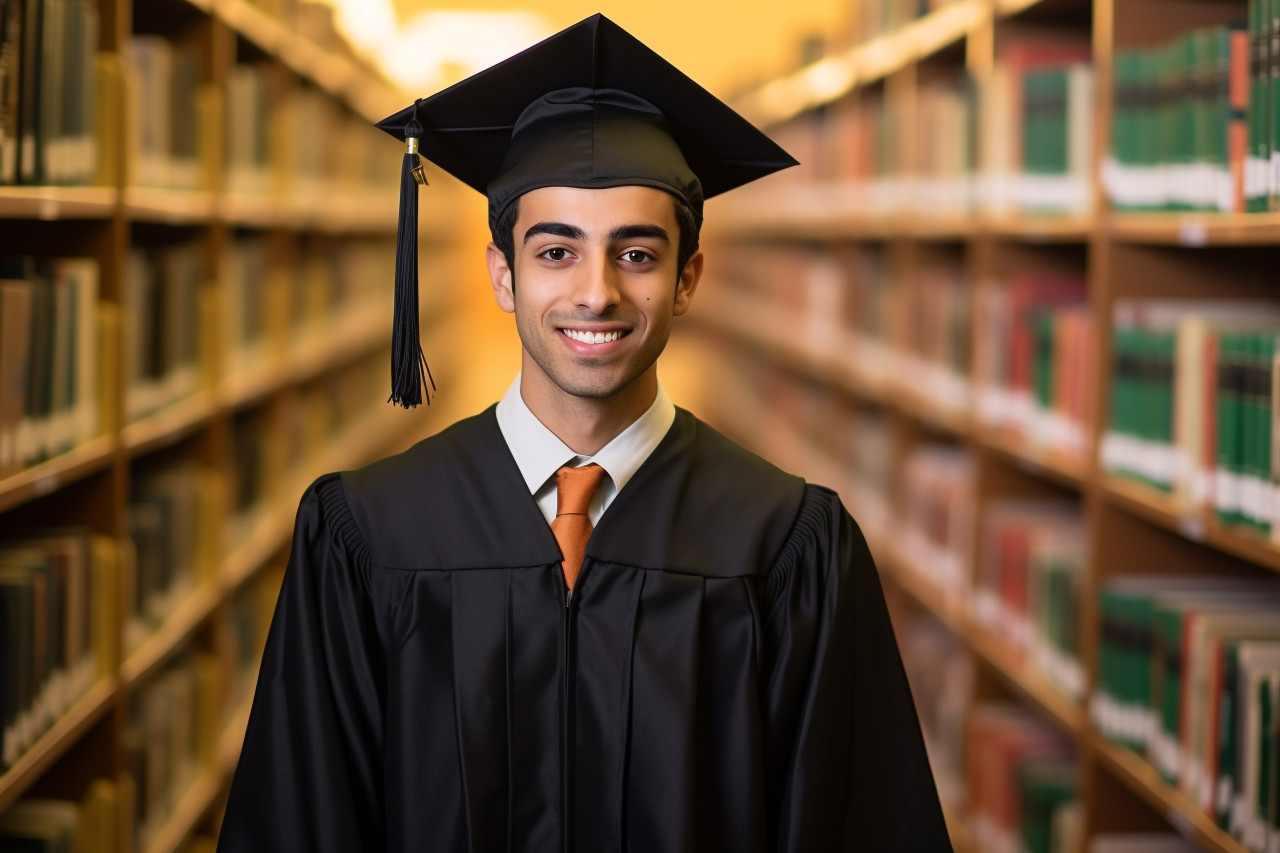 Confident indian male student working on blurred background
